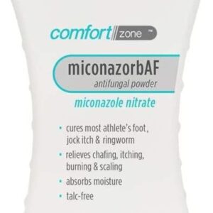 Comfort Zone Miconazorb AF antifungal powder for athlete's foot, jock itch, and ringworm relief.