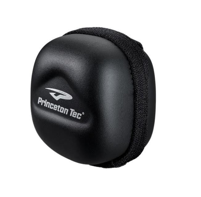 Black Princeton Tec STASH headlamp case with logo and elastic band.