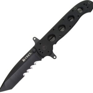 CRKT M16-14DSFG Big Dog Special Forces EDC knife with a black serrated blade and handle.