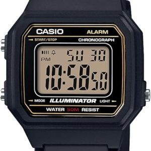 Black Casio W217H digital watch displaying 10:58:50 PM. Water resistant.